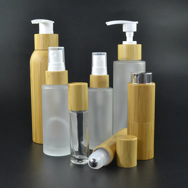 glass cosmetic packaging 30ml 50ml 100ml 120ml 150ml Natural Bamboo Lid Glass Frosted Lition and Spray Bottle with Pump