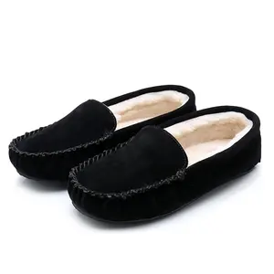 Latest Design Black Slip On Cow Suede Leather Moccasins Ladies Loafers Shoes