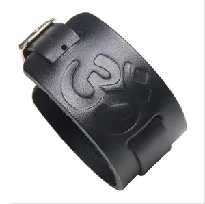 Classic Punk Style Black Leather Cuff Bracelet Personalized Custom Leather Bracelets Wide Skin Leather Bracelets With Embossing