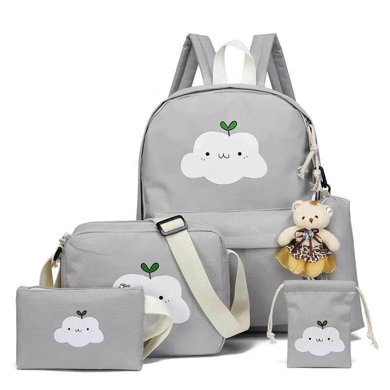 4Pcs Bowknot Cat Prints Girls School Bookbag Rucksack for Primary Girls School Backpack Set with Lunch Kits