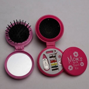 Folding Travel Mirror with Brush and Sewing Kit