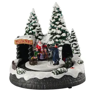 Noel Animated Xmas Tree Scene Craft Supplies Led Lighted Musical Plastic Christmas Village With Rotating Train Tunnel