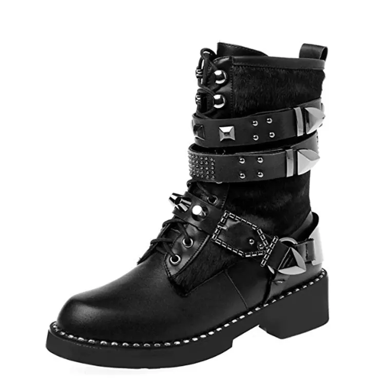 Genuine Leather Women Round Toe Chunky Heel Lace Up Buckles Handmade Mid Calf Boot