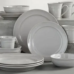 Service de table en grès, vaisselle anglaise, dernier cri, glaçage gris, 16 pièces, avec design populaire