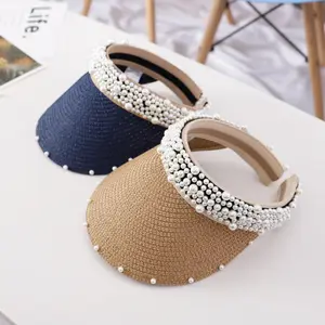 2019 popular hot selling korean version summer children sunscreen net red handmade pearls empty top baby outdoor beach straw hat