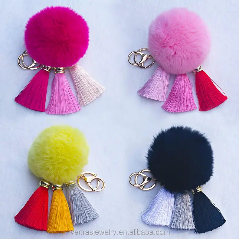 Fashion Women Rabbit Fur Cony Hair Ball Pompom Thrice Tassel Keychain Car Handbag Key Ring Pendant Gift