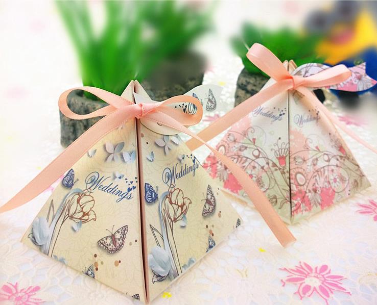 Wedding Gift Box Bloem Lint Piramide Candy Box Favor Papieren Zak Huwelijksgeschenken Voor Gasten Bruiloft Decoratie