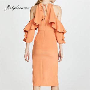 2018 nouvelles dames dos nu bretelles à volants V-cou fendue <span class=keywords><strong>mi</strong></span>-longueur <span class=keywords><strong>orange</strong></span> <span class=keywords><strong>robe</strong></span> - Product Image 2