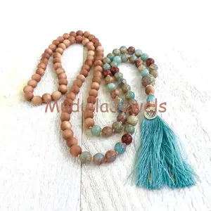 MN21237 Afrikaanse Opal Lotus Mala Kralen, Sandelhout 108 Mala Kralen Ketting Voor Meditatie, Handgeknoopte Gebed Kralen