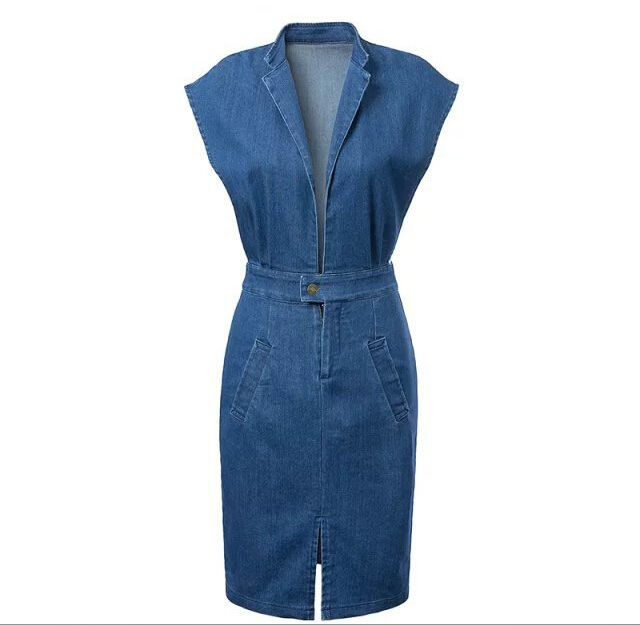 EY0517A 2015 Women Jean Dress Denim with V-Neck Design