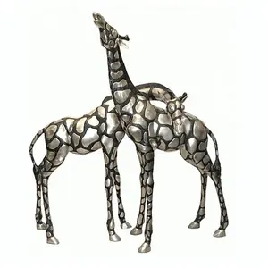 Giardino a Grandezza naturale di Metallo Argento Bronzo Giraffa Famiglia Sculture per la Vendita