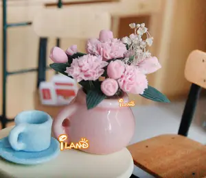 Mini fleur rose dans un Vase rose, maison de poupées miniature en argile, OP031B