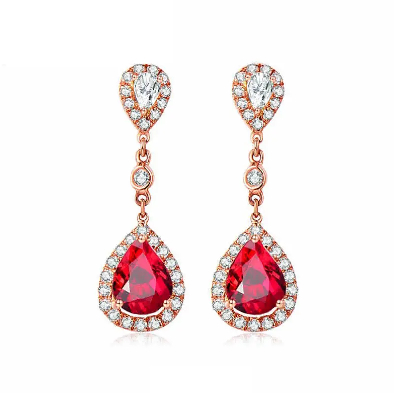 Grosir 18K Emas Mawar Perhiasan Halus Bentuk Pir 1,42ct Batu Permata Alami Anting Ruby Merah