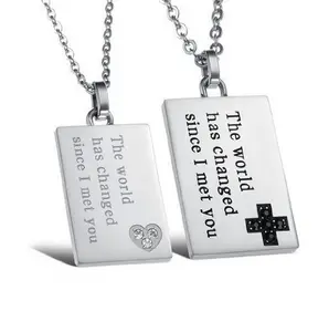 Stainless Steel Necklace Inlaid Crystal Personalized Square Cards "The World Has Changed Since I Met You" Pendant