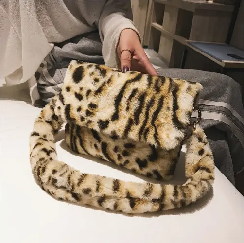 Women Winter Fur Faux Fur Shoulder Bag Fashion Lady Handbag Leopard Print Female Party Small Girls Tote Bags Christmas Gift Bag