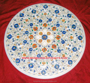 Plateau de table rond en marbre et lapis-lazuli fait main, design incrusté, pour salle à manger et salon - Product Image 1