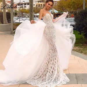 Mermaid Illusion Schouder Speciale Kant Open Terug Terug Tulle Afneembare Trein Trouwjurken Afneembare Trein Vestido De Noiva