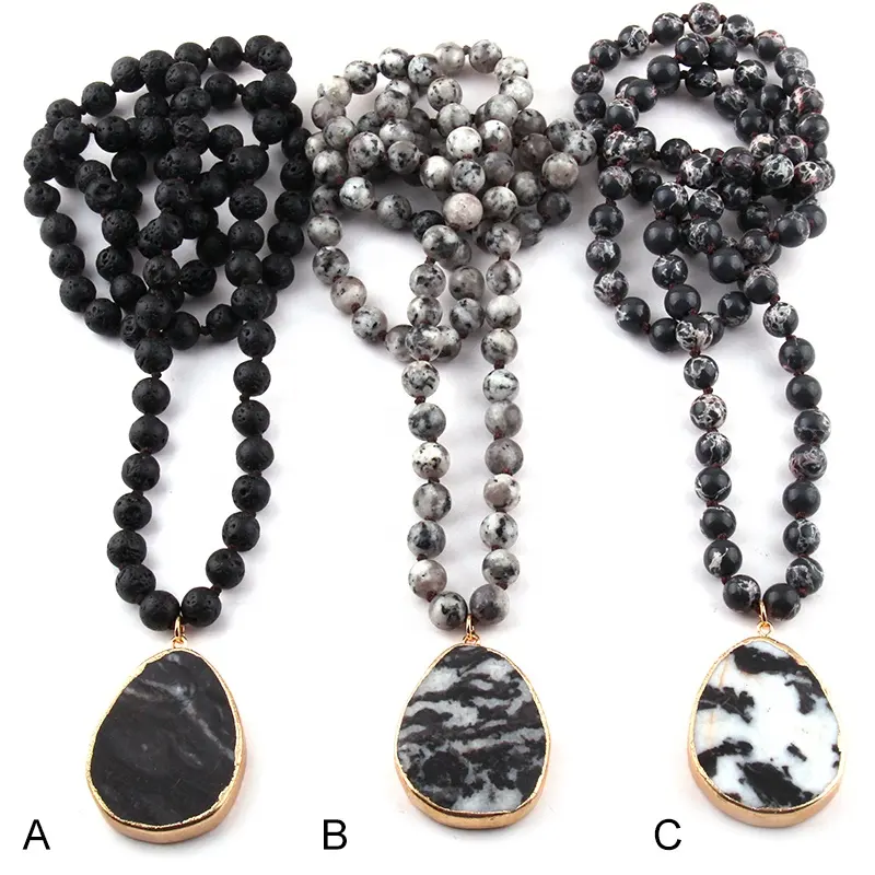 Fashion Natural Stone Knotted Black & White lump Drop Charm Pendant Lady Necklace
