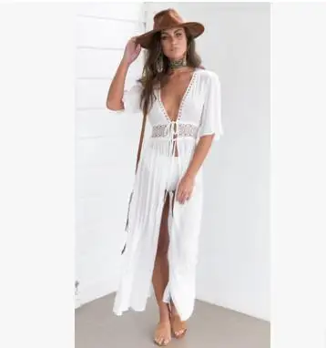 Mùa Hè Nóng Sexy Cardigan Màu Trắng Váy Voan Bãi Biển Dài Maxi Dress