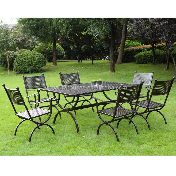 Gartenfurniture für den Außenbereich 7-teiliges Terrassen-Esstisch-Set Tischoberfläche rechteckiges Netz mit schwarzem Metallgehäuse auf Lager zeitgenössisch