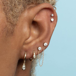 American Style Set Long <strong>Chain</strong> <strong>Earrings</strong> <strong>Stud</strong> <strong>Earrings</strong> Gold Two Small Zircon Stone Women's 925 Sterling Silver European 14K - Product Image 1