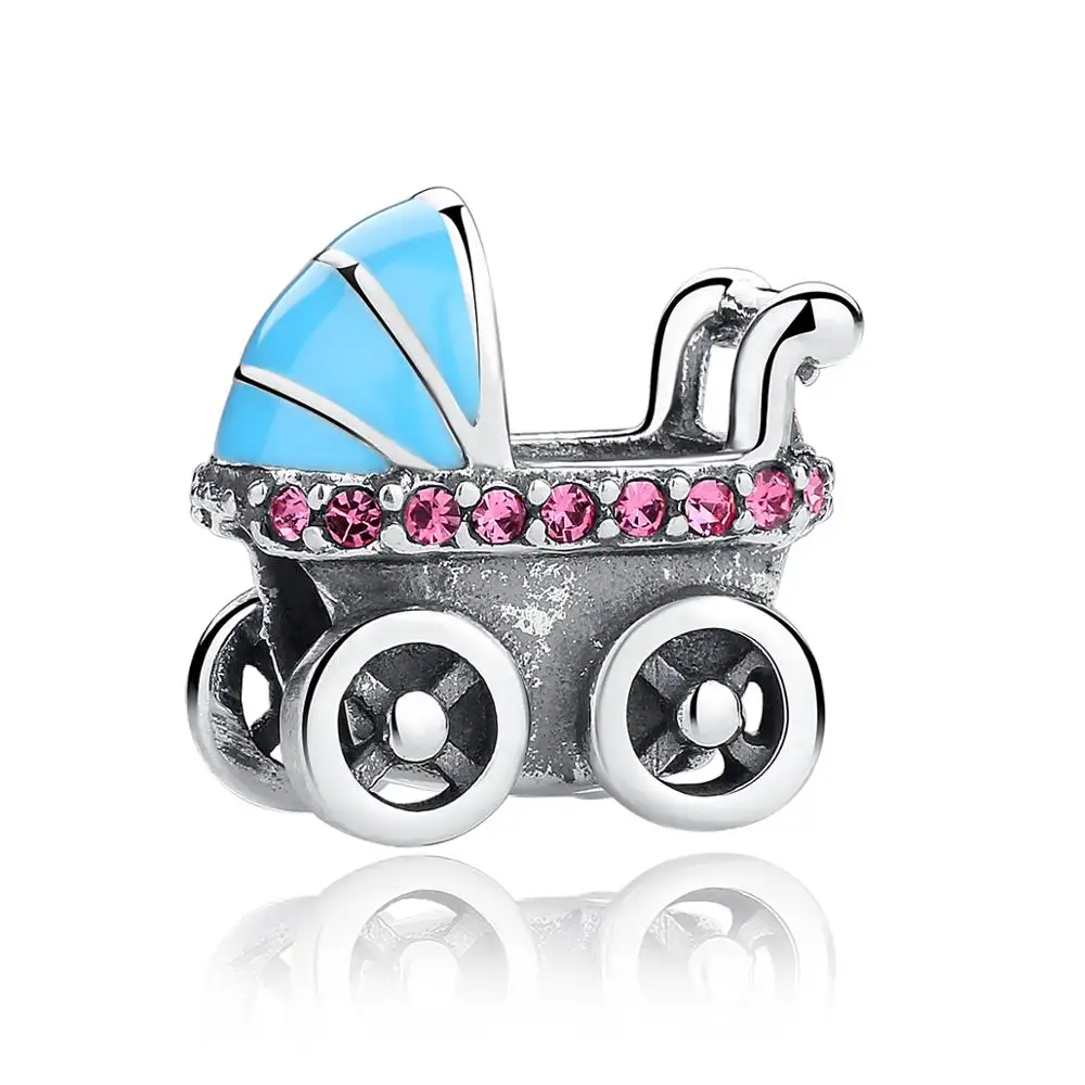 Carrinho de bebê prata esterlina 925, roxo, diamantes checos, carrinho de bebê com esmalte azul, contas charmosas para pulseira diy