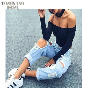 T-Shirt da donna con spalle scoperte <span class=keywords><strong>Top</strong></span> corto da donna a manica lunga tinta unita con collo corto in cotone T-Shirt - Product Image 4