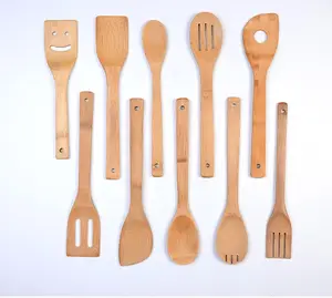 Utensilios de cocina de madera antiadherentes, juego de utensilios de bambú con cucharas, espátulas, tornero, pinzas, soporte para utensilios