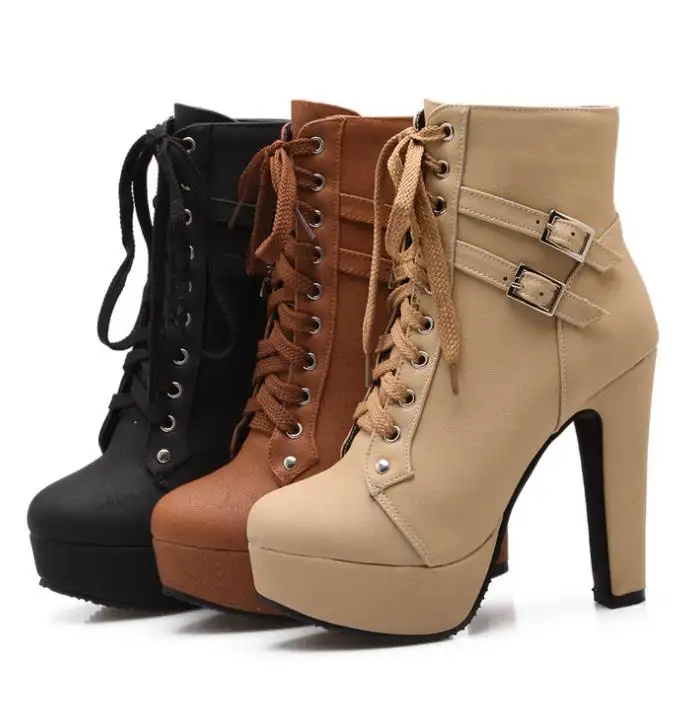 up-0581r Wholesale Casual Ladies Chunky Heel Booties 43Size Waterproof High Heel Winter Ankle Boots Shoes for Women