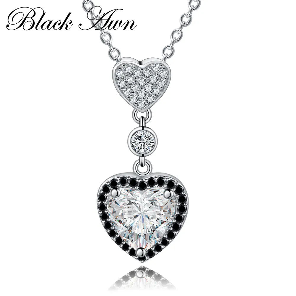[BLACK AWN] 4.7g 925 Sterling Silver Fine Jewelry Trendy Heart Engagement Necklaces Pendants for Women Wedding Pendants P156
