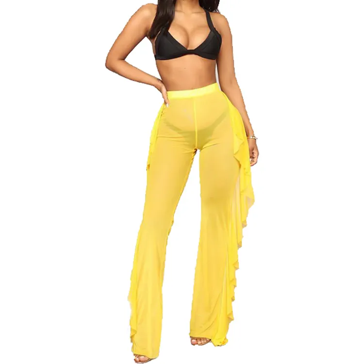 LDDRESS New Sexy Rüschen Frauen Beach Mesh Pants Sheer Wide Leg Pants Transparente Long Beach Cover Up Bikini hose