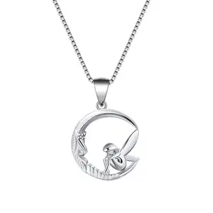 RINNTIN SN106 Original Design Crescent Moon Silver Necklace with Fairy Shaped Pendant Necklace