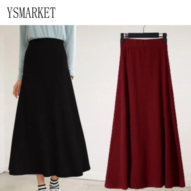YSMARKET primavera otoño falda de algodón versión coreana estilo literario grueso grande Swing faldas de cintura alta de una línea falda Maxi