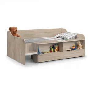 Happy Beds Kids Low Sleeper Bed, Stella Oak Wood Modern Storage Drawer Shelf Bed - 3ft Single (90 x 190 cm) Frame Only