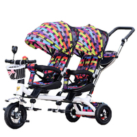 Tricycle double siège de haute qualité pour jumeaux, poussette tricycle pour bébés jumeaux, vélo pour enfants avec barre de poussée