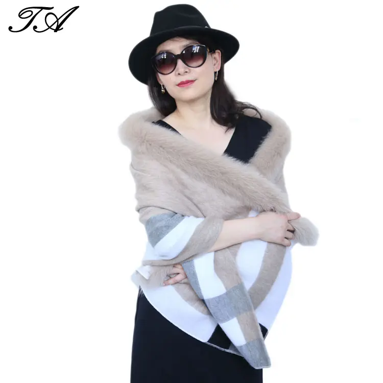 England Style Fox Fur Trim Stripe Plaid Acrylic Yarn Dyed Knit Short Big Shawl Stoles Wrap For Women Winter
