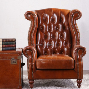 Vintage Houten Frame Tan Lederen Vleugel Fauteuil Getuft <span class=keywords><strong>Wingback</strong></span> Stoel Voor Woonkamer - Product Image 5