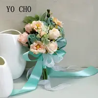YO CHO Rosa Damigella D'onore Bouquet Da Sposa Rosa Blu Rosa Verde nastro di seta artificiale fiore di seta wedding bouquet