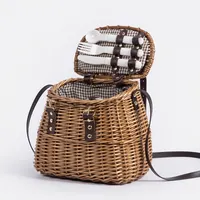 Bolsa de couro longa para piquenique, bolsa pequena em cesta com alça de ombro, recipiente para armazenar 2 pessoas