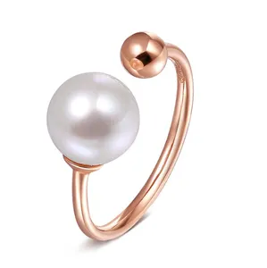 New Design 18K Solid Rose Gold Lady Open Ring Wholesale Ring Mountings Integrity Pearl Ring