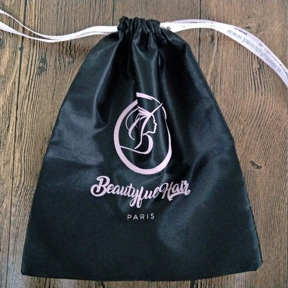 Personnalisé De Luxe Noir Épais En Satin de Soie Paquet Poussière Sac D'extension De Cheveux Avec Impression De Logo