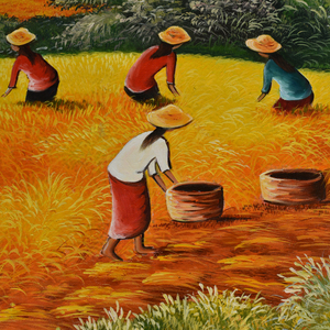 Pintura al Óleo sobre Lienzo <span class=keywords><strong>de</strong></span> <span class=keywords><strong>Campo</strong></span> <span class=keywords><strong>de</strong></span> Arroz con Paisaje <span class=keywords><strong>de</strong></span> Cosecha, Arte Asiático Tradicional Hecho a Mano - Product Image 5