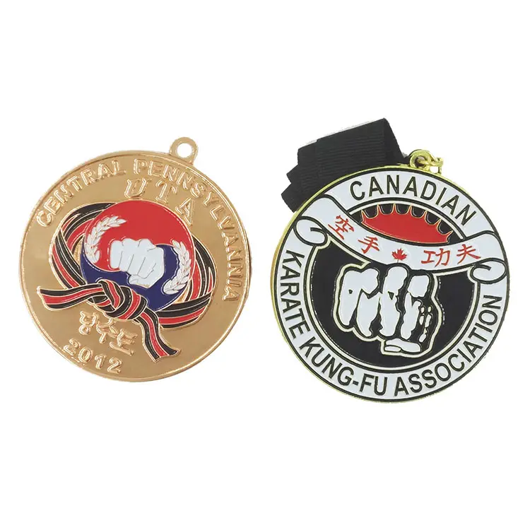 Nouvelle médaille et pivoines personnalisés bon marché, en alliage de Zinc, Logo 3D, en émail, doux, médaille de sport, karaté, grade Kungfu