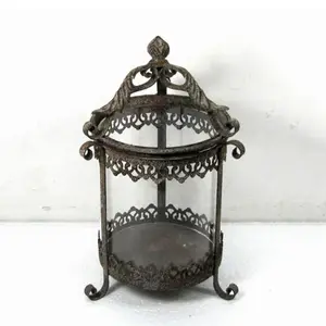 Handmade Iron Metal Candle Stand Black and White Iron Lantern for Home Decoration Custom Printed Glass and Wood for Christmas