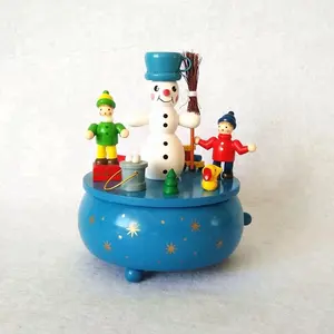 Holz Weihnachten dekorationen runde wind up schneemann musical box für geschenk