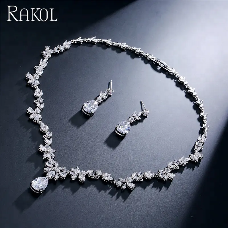 RAKOL SP3162 Luxury gold plated hawaiian jewelry sets cubic zirconia bridal wedding jewelry sets earring necklace for women