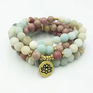 SN1549 108 gelang meditasi penyembuhan manik-manik doa & kalung Matte batu Rhodonite Amazonite Yoga Lotus OM gelang hadiah wanita