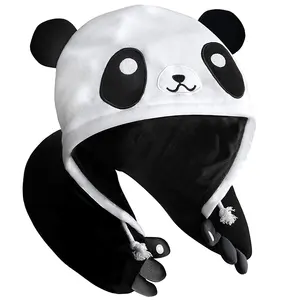 Fabbrica professionale Panda Carino Personalizzato Animale Con Cappuccio Da Viaggio Morbido Tessuto Microsfere di Auto U Cuscino Del Collo