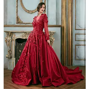 RUOLAI PEV-L3052 Modest Long Sleeve 3D Floral Appliqued Beaded Lace Satin Red Long Evening Gowns Dresses