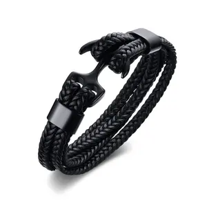 Neue Mode Edelstahl Echt leder Armband schwarz Schiff Anker Leder Armbänder für Männer